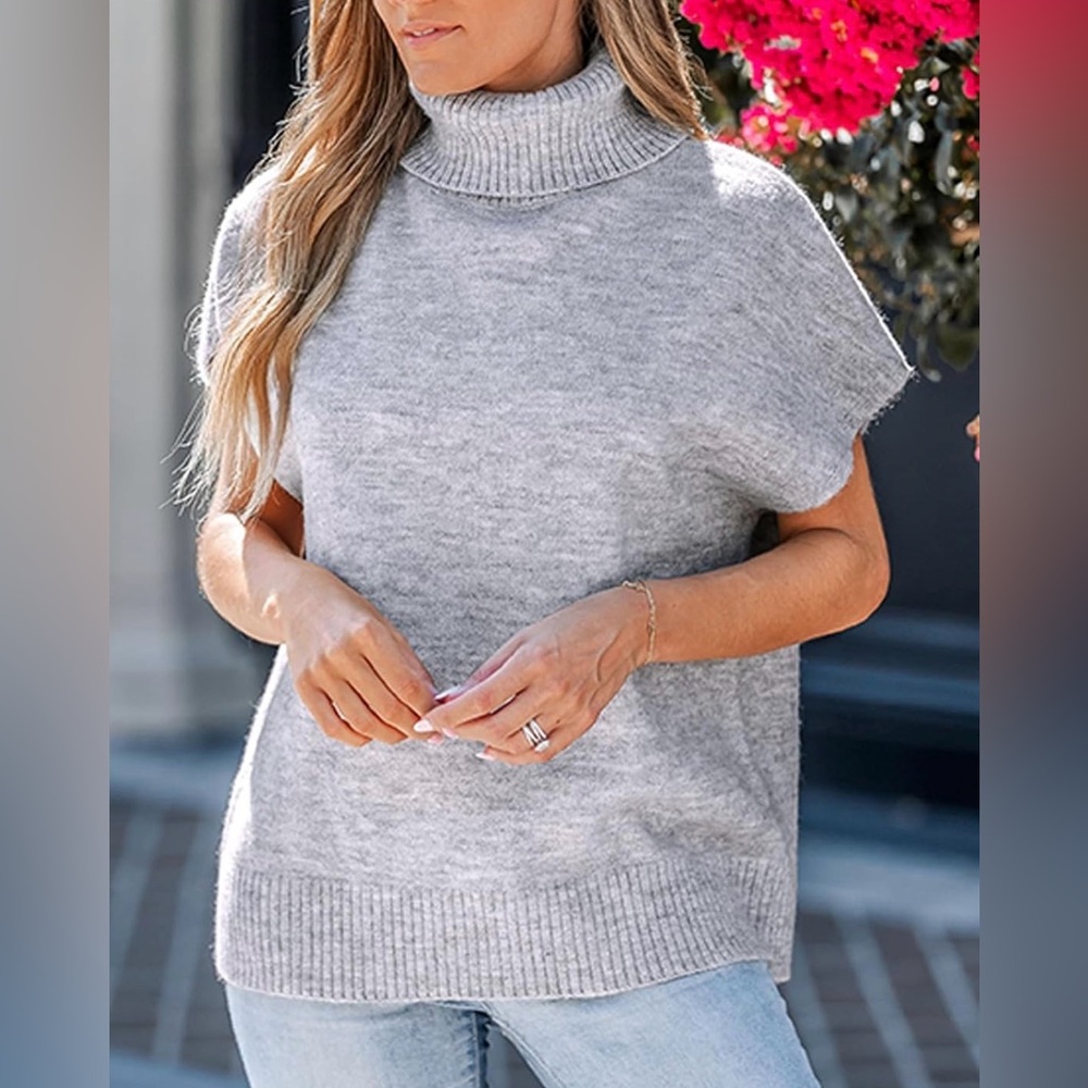 Cupshe Light Gray Women's Turtleneck Cap Sleeve Sweater sz XXL